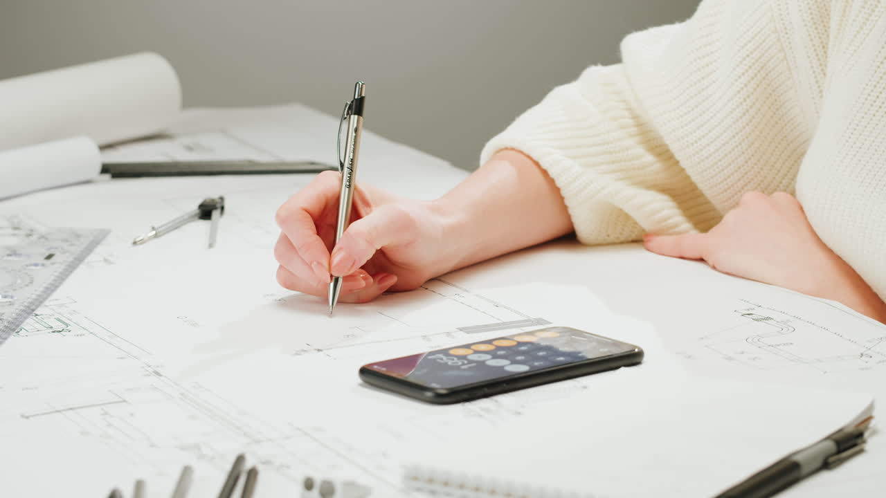 A person works on architectural blueprints with a pen and a smartphone calculator