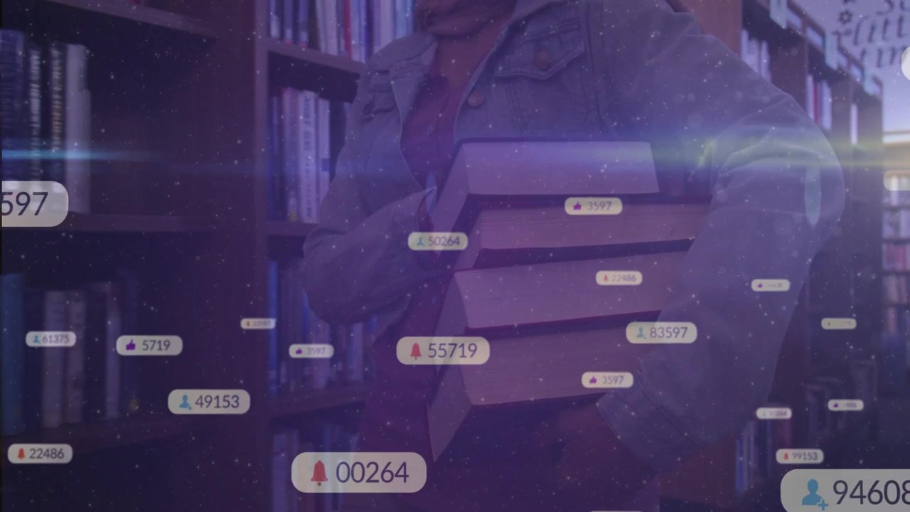 Woman carrying stack of four books in library, steadying load as notification badges multiplying