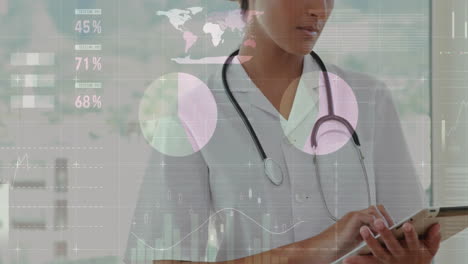 animation of financial data processing caucasian female doctor