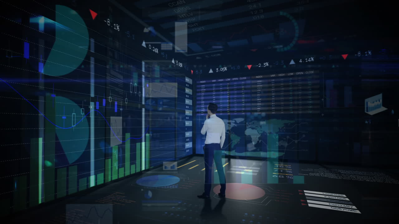 Animasjon av statistikk og finansiell databehandling over forretningsmann på kontor