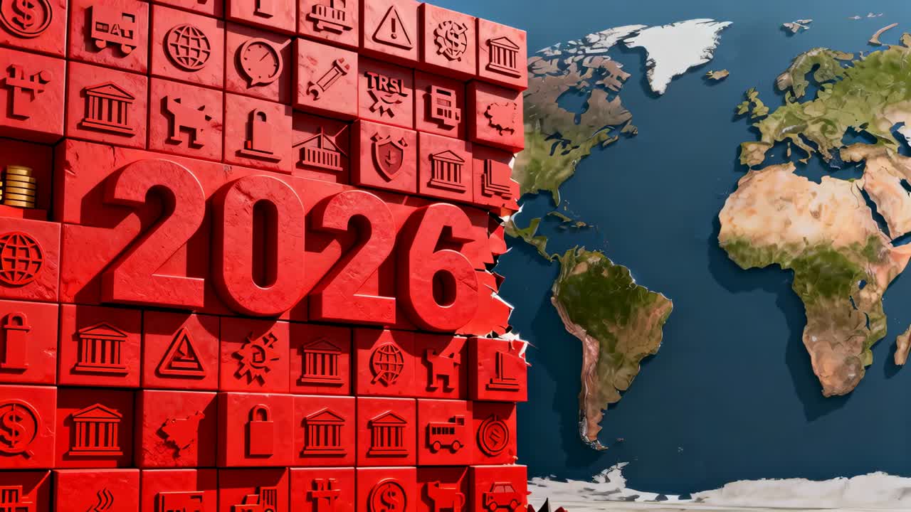 Zooming camera causing red tile wall with 2026 digits cracking right edge in studio revealing globe
