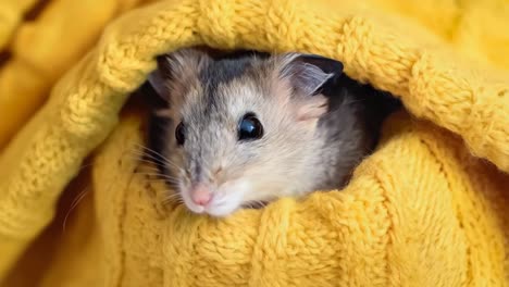 a hamster peeking out from under a yellow blanket