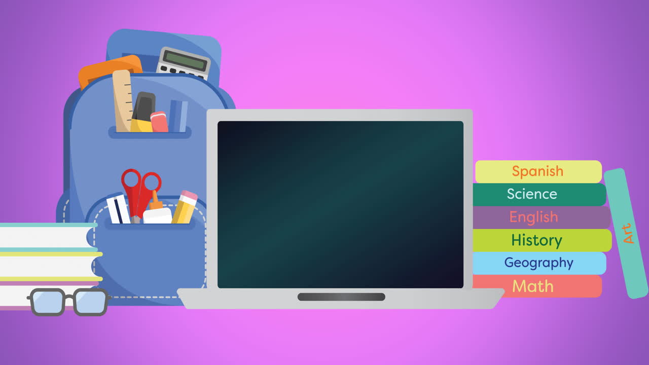 Animation of school items icons moving on purple background