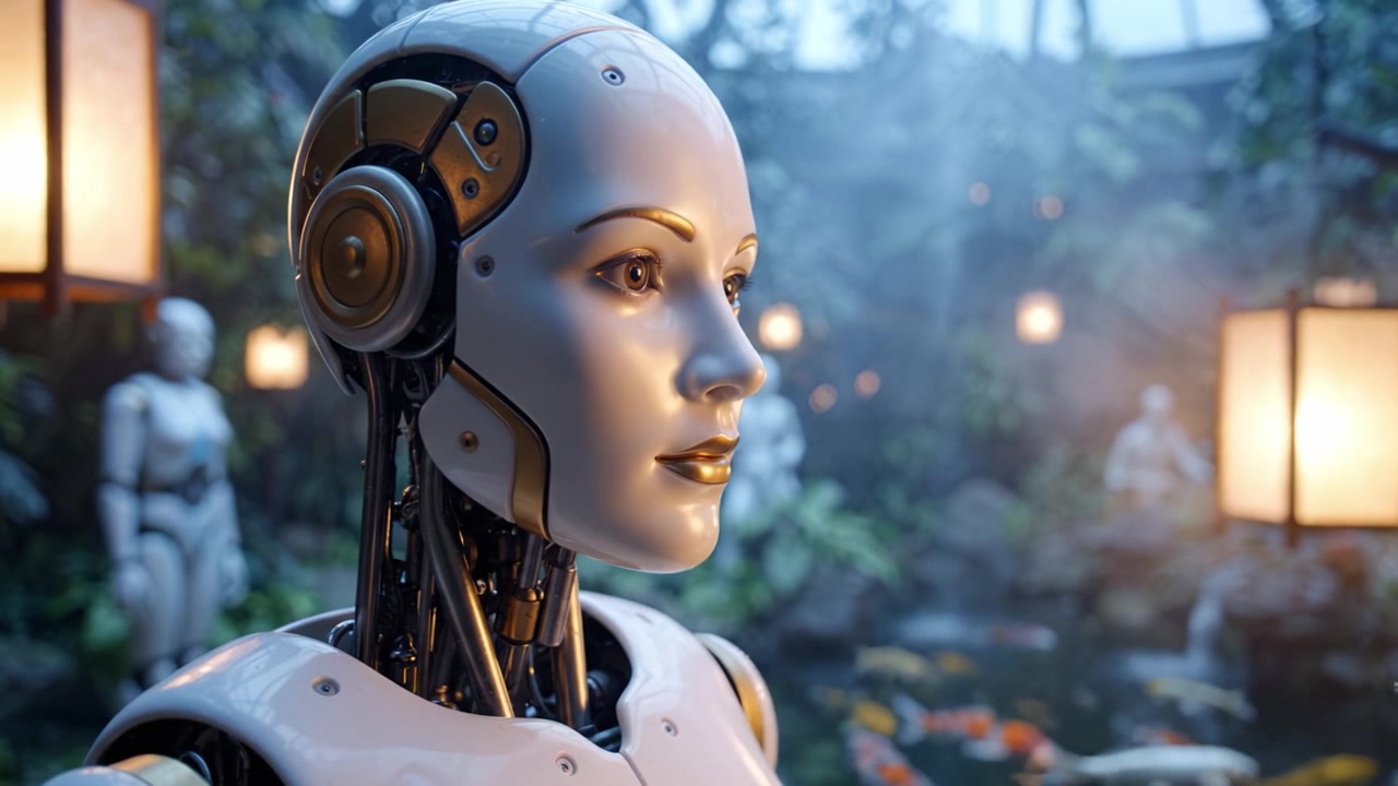 Uno splendido primo piano di un robot avanzato in un lussureggiante ambiente da giardino, che mostra l'integrazione della tecnologia con la natura e il futuro dell'intelligenza artificiale.