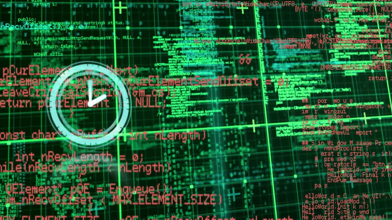Animation of digital clock and programming language and grid pattern over black background