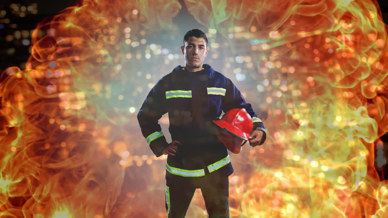 animación de un bombero masculino biracial sobre el fuego y el paisaje urbano
