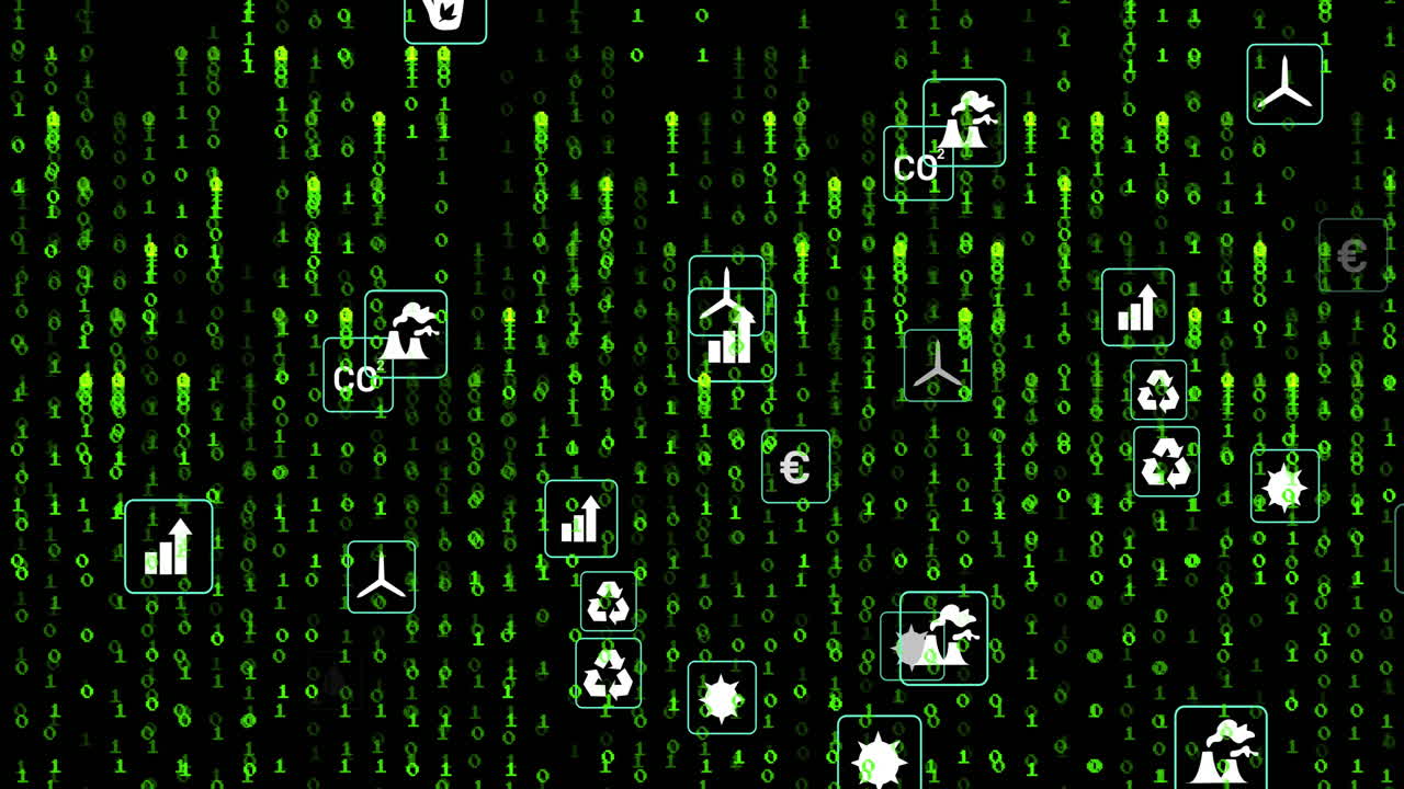 Green binary code and environmental icons animation over black background