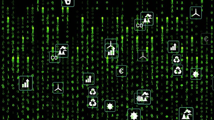 Green binary code and environmental icons animation over black background
