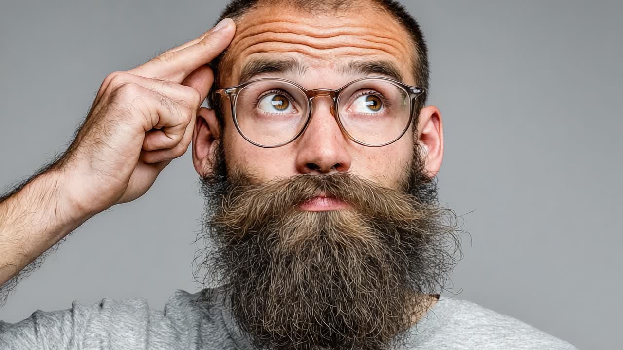 A Thoughtful Man with Glasses and a Beard Engaged in Deep Contemplation, Pondering Life's Questions with a Curious Expression and a Quizzical Gesture