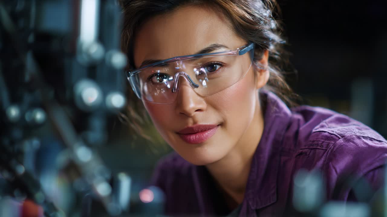 Focused and Determined: A Skilled Female Technician Analyzing Machinery with Precision and Care While Wearing Safety Goggles, Highlighting Empowerment and Innovation in STEM Fields
