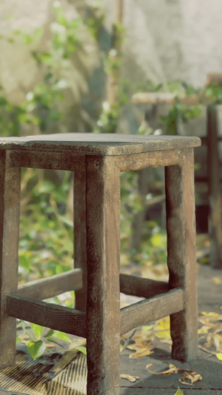 Old wooden stool in a rustic outdoor setting surrounded by greenery