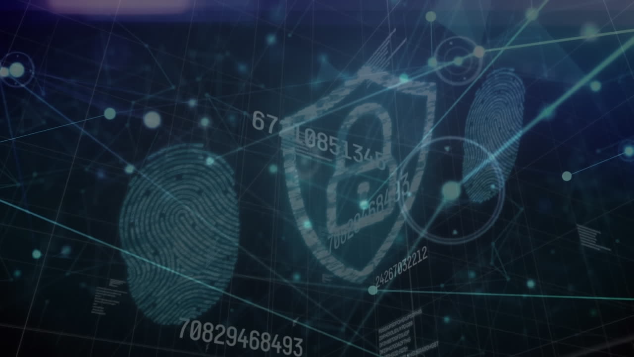 Animation of padlock in shield with fingerprints, connected dots and numbers