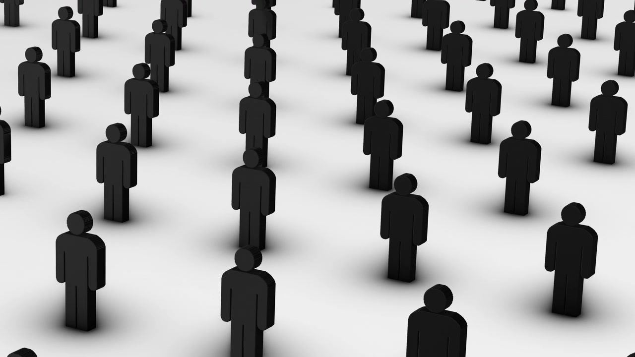 Dozens of Black 3D Male Figures on White Floor with Shadow. Ideal for themes of big data, demographic studies, digital networking, human resources, market research.