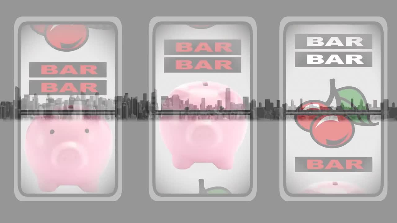 도시 풍경 위의 카지노 과일 기계의 애니메이션