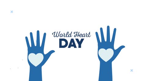 world heart day lettering animation with hearts in hands