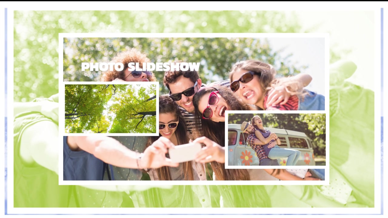 Modello di slideshow fotografico dinamico con famiglia e amici felici