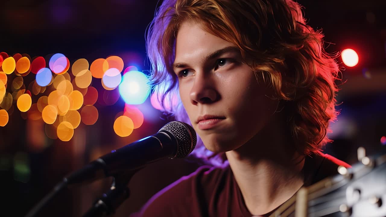 Young Man Playing Guitar and Singing on Stage with Colorful Lights
