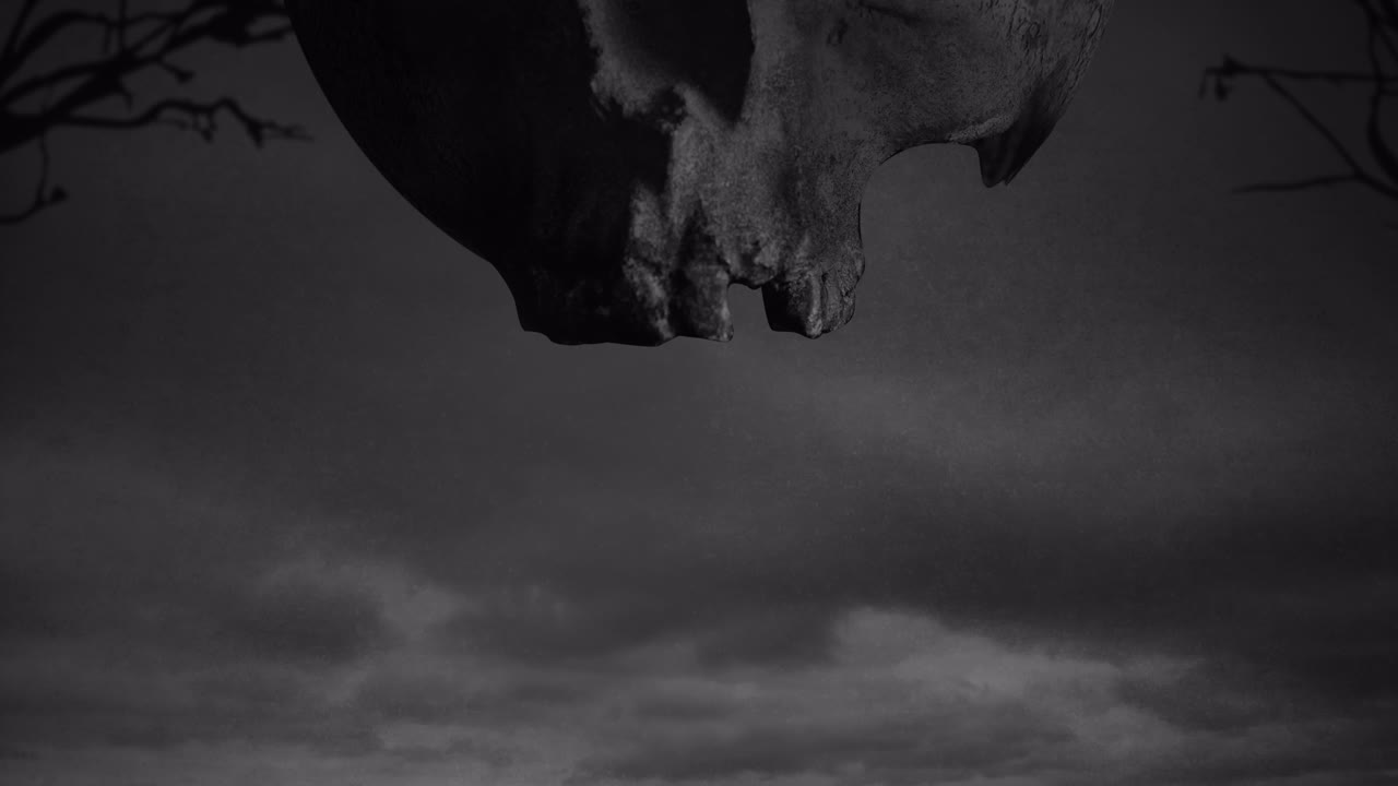 animación de ramas de halloween y cráneo sobre nubes grises