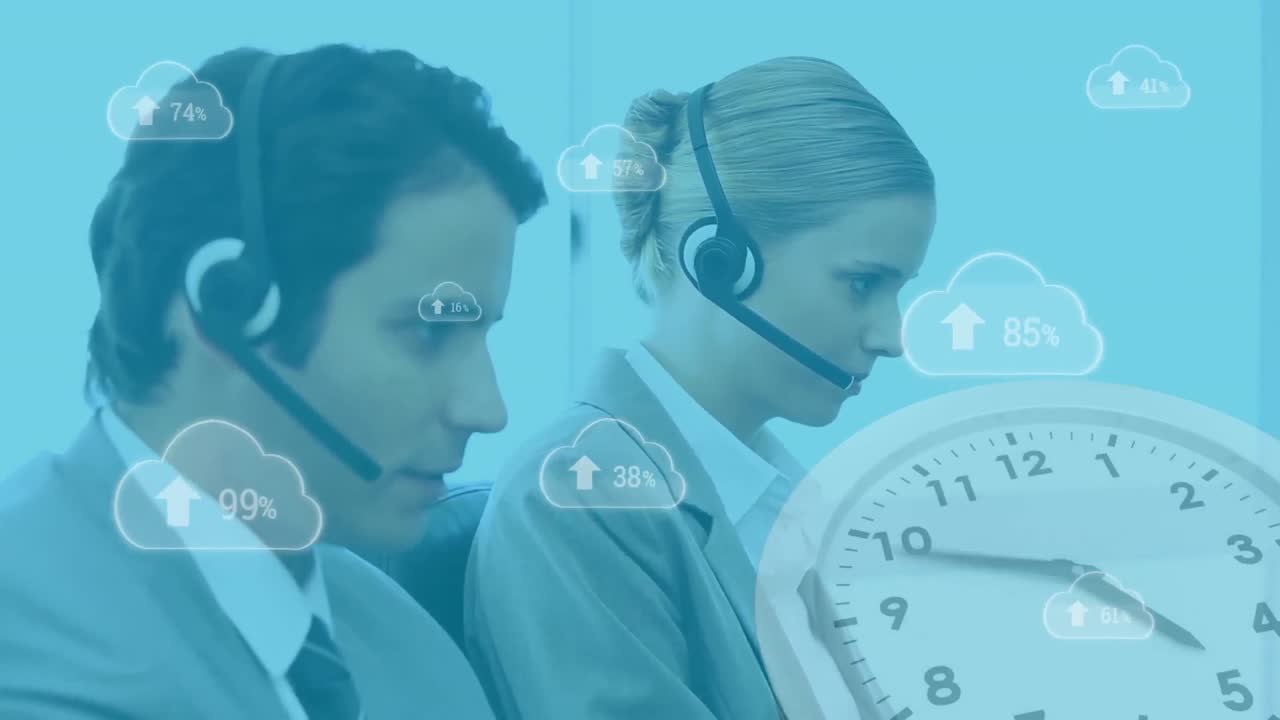 Animation of group of multi-ethnic call centre workers wearing headsets and using computers in offic