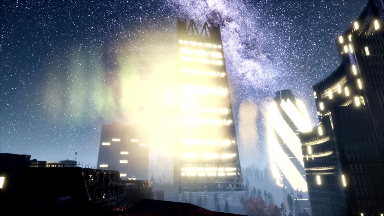 밤에는 은하계의 별들과 함께 도시의 마천루