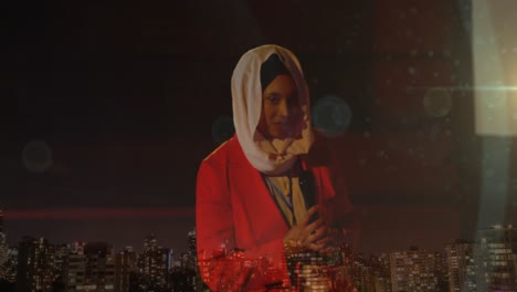 Animation-of-asian-woman-in-hijab-with-microphone,-over-cityscape