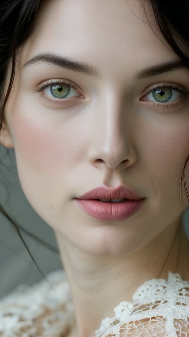 Vertical video: Camera recording model blinking and tilting head in studio, lace garment