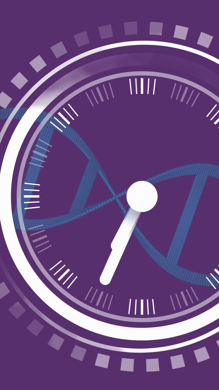 Animation of clock over dna strand on purple background