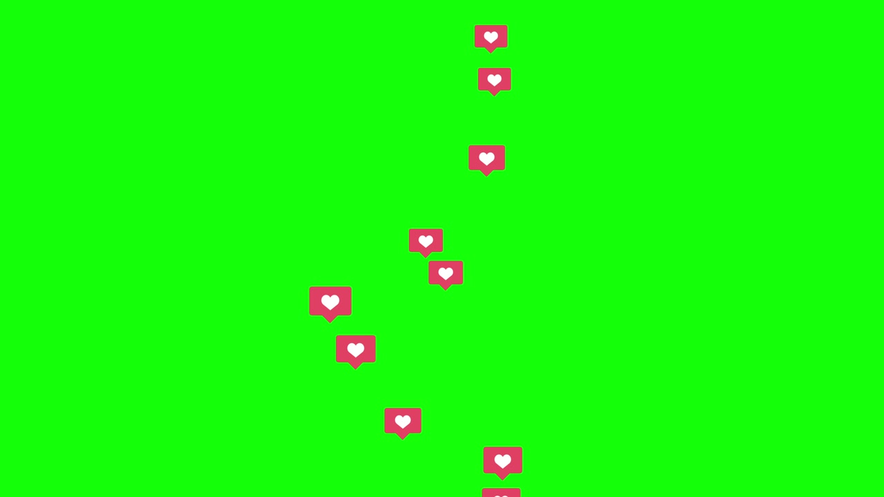 Icona fluttuante con cuore rosso per social network su sfondo green screen. Sfondo animato. Segno Mi piace.