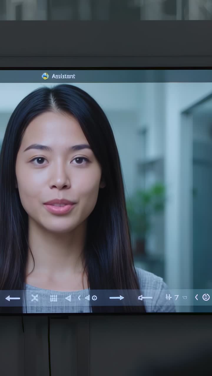 Video verticale: Avvio della riproduzione; una donna in top grigio ammicca presentandosi sui controlli di uno schermo d'ufficio.