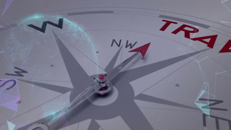 animación de la brújula con texto de viaje y procesamiento de datos digitales en todo el mundo
