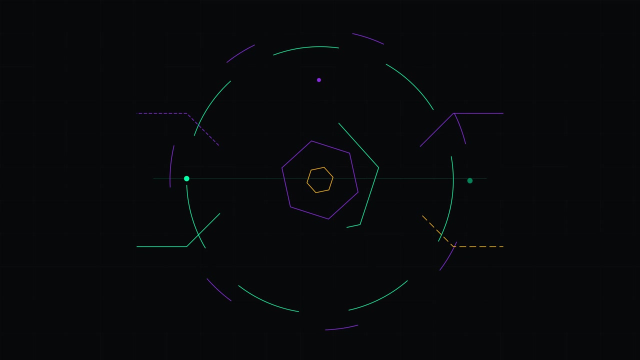 Abstract Digital HUD Interface with Rotating Hexagon and Circular Elements