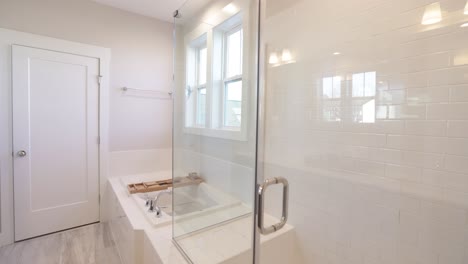 luxury white marble bathroom interior, tub and shower