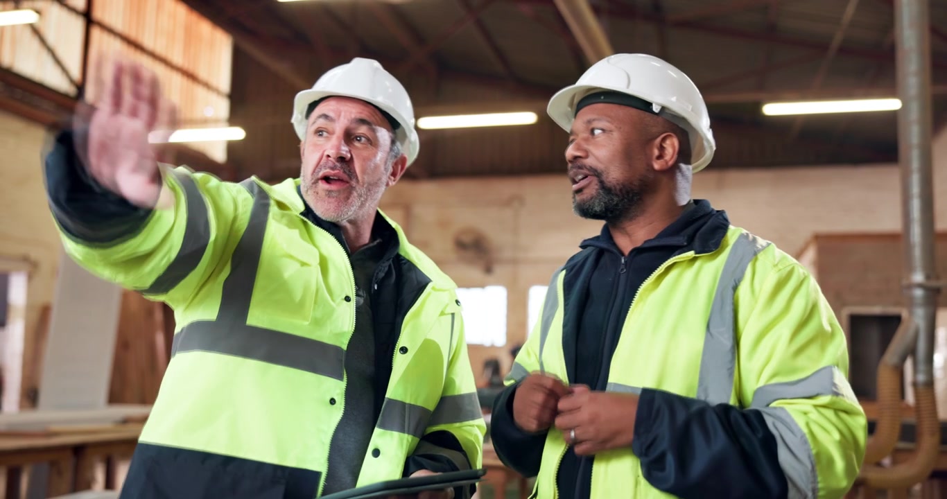 Two Construction Managers Discussing Project Progress in Warehouse