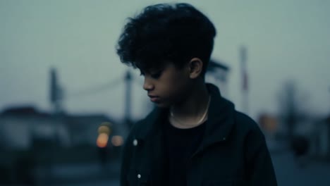 a young boy standing on a city street at night, looking down.