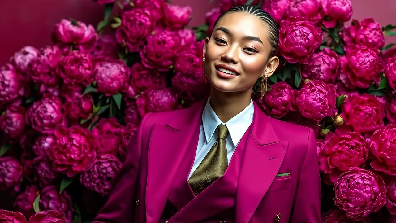 A woman in a pink suit sitting in front of a bunch of pink flowers