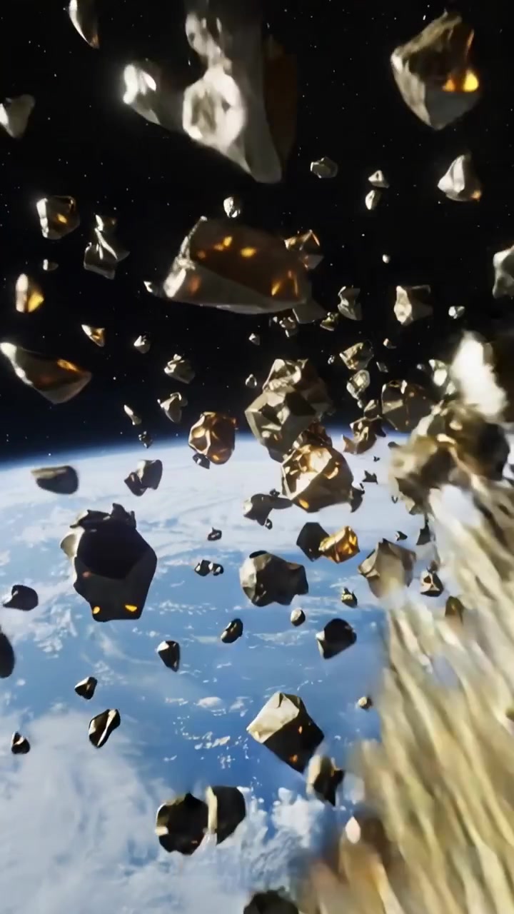 Video verticale: Telecamera che attraversa detriti orbitali, mostrando frammenti luminosi sopra la Terra per scopi scientifici