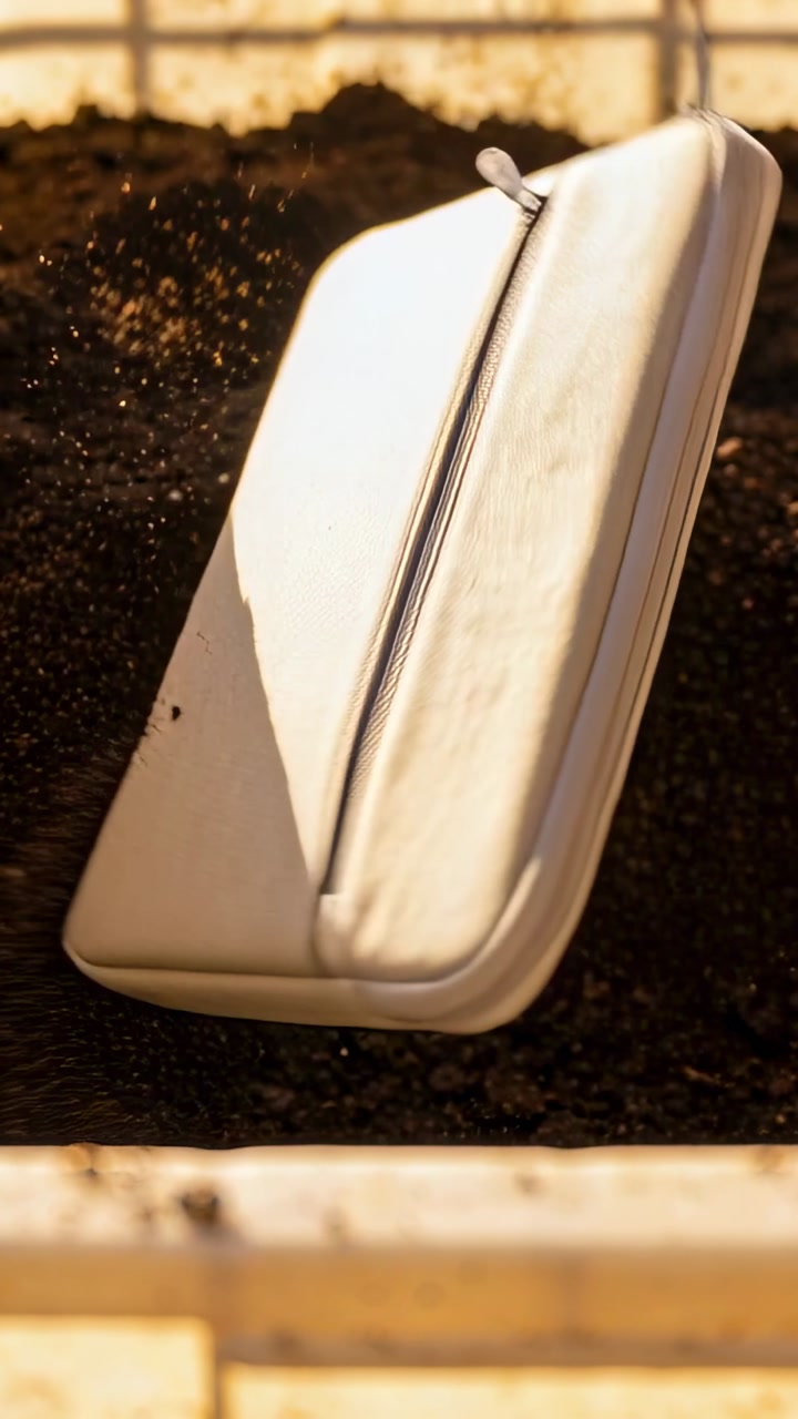 Vertical video: Tilting right hand lowering beige zip pouch onto planter soil, making shallow dent