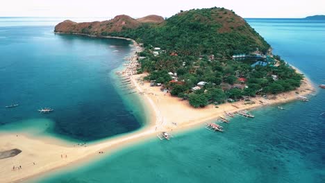 Overview-drone-shot-of-Mararison-Island-in-Antique,-Philippines-with-beautiful-beach-and-sandbar-in-4k