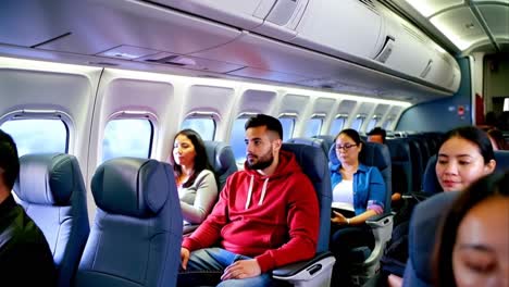 a group of people are sitting in an airplane, with some of them wearing red
