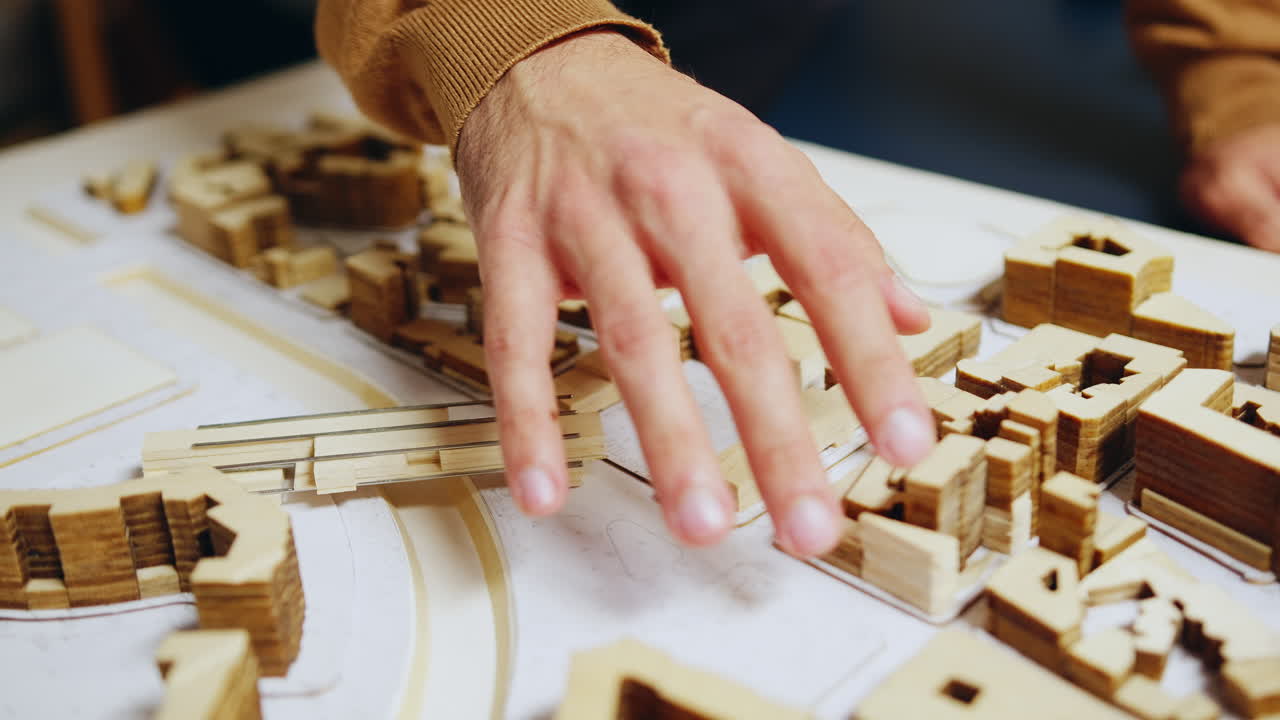 Close up of architect hand checking city model concept