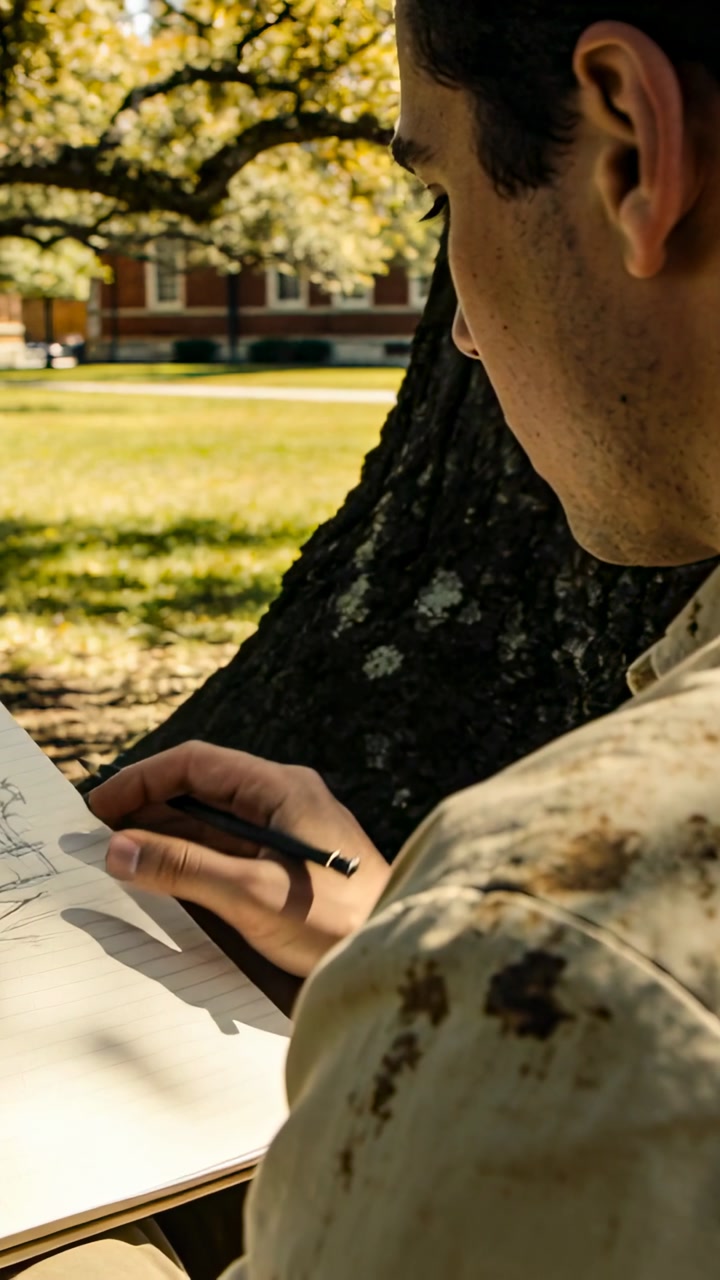 Drawing man in stained-shirt pencil poised tracing brick lines on campus lawn with pad, copy space