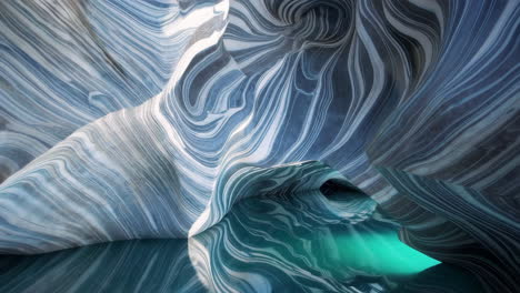abstract blue and white swirling marble cave with water reflections