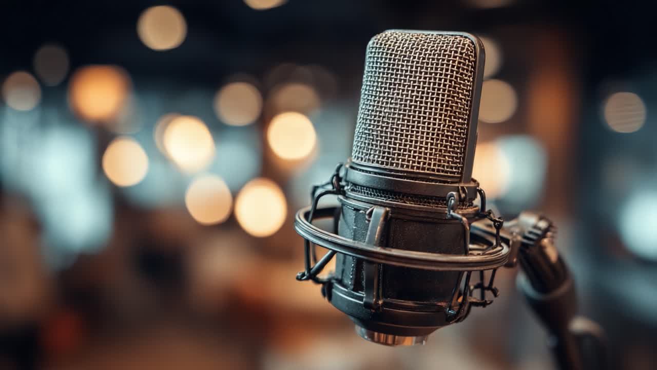 A Close-Up View of a Dynamic Microphone Set Against a Soft Focus Background, Excellent for Music Production or Voice Recording Sessions