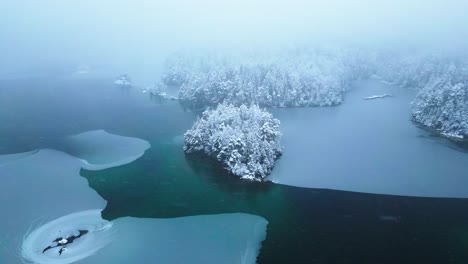 Eibsee-lake-in-germany-during-winter,-snow-covered-trees-and-clear-water,-aerial-view