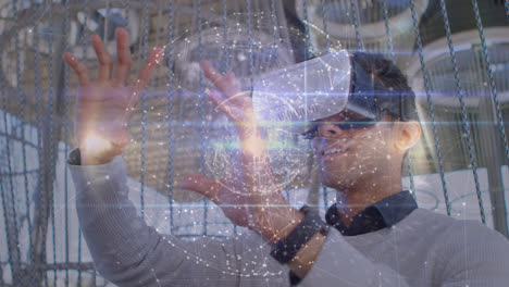 animación del globo de conexiones sobre el hombre biracial usando auriculares vr