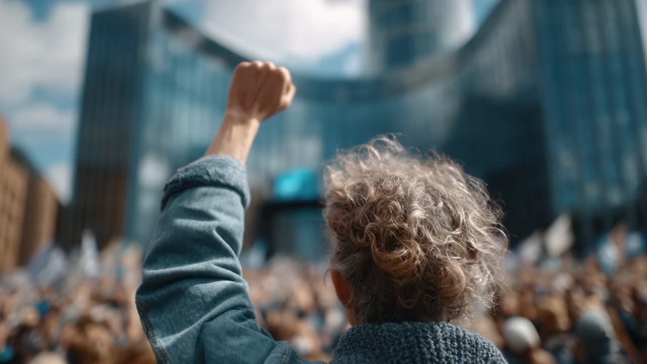 Un momento simbolico di unità e forza, catturato mentre una persona piena di passione alza il pugno con un gesto potente durante un raduno di persone con idee affini che promuovono il cambiamento.