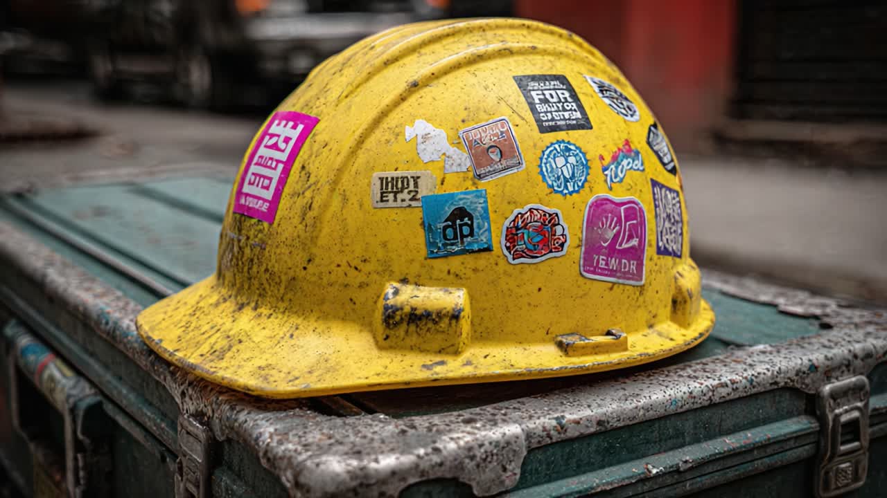 A Bright Yellow Construction Helmet Adorned with Colorful Stickers Rests on a Weathered Container, Showcasing Urban Artistry and Industrial Culture Vibes