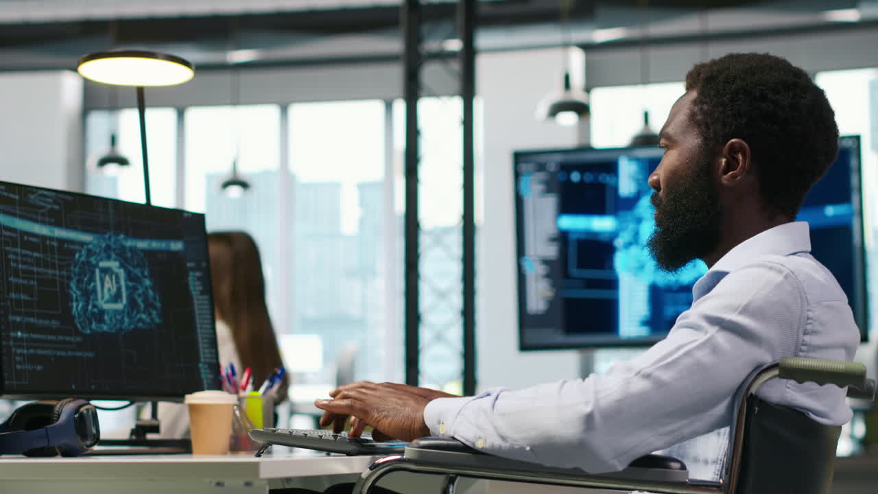 It Professional In Wheelchair In Inclusive Office Developing Software With Ai