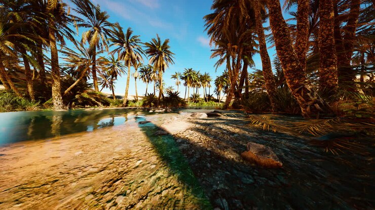 laghetto di oasi desertica con palme