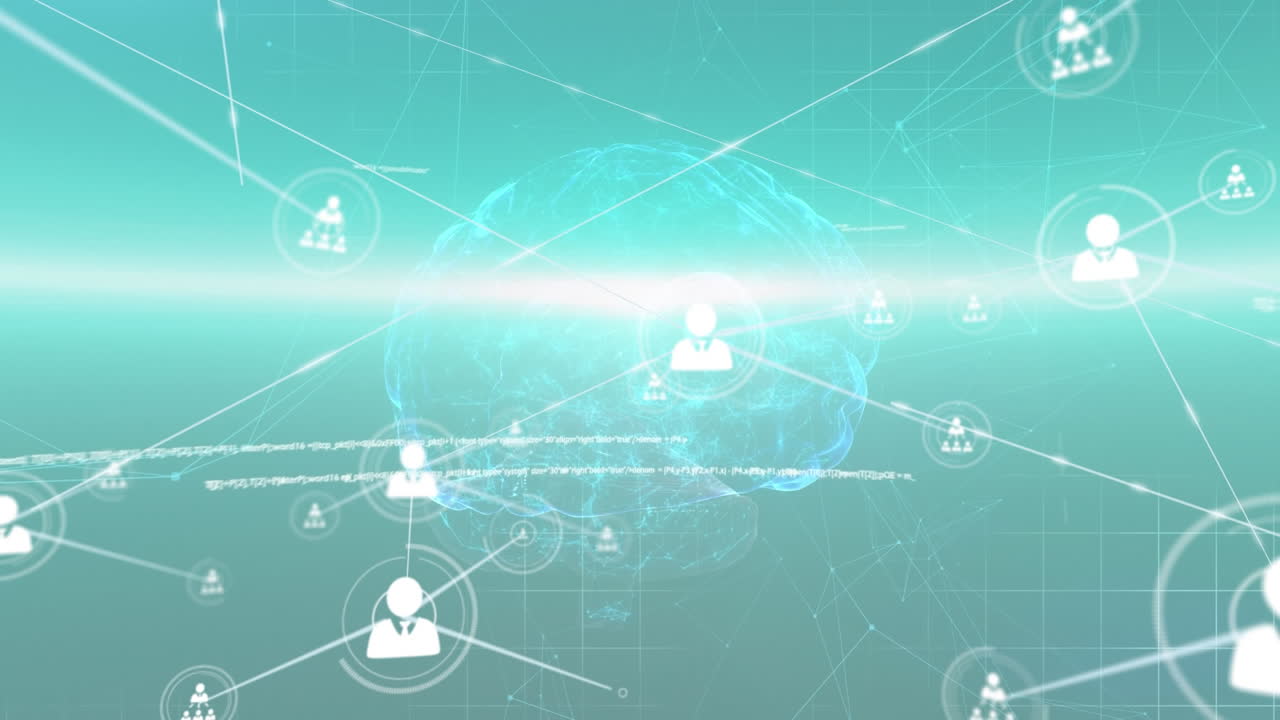 Animation of network of connections with icons and data processing over digital brain